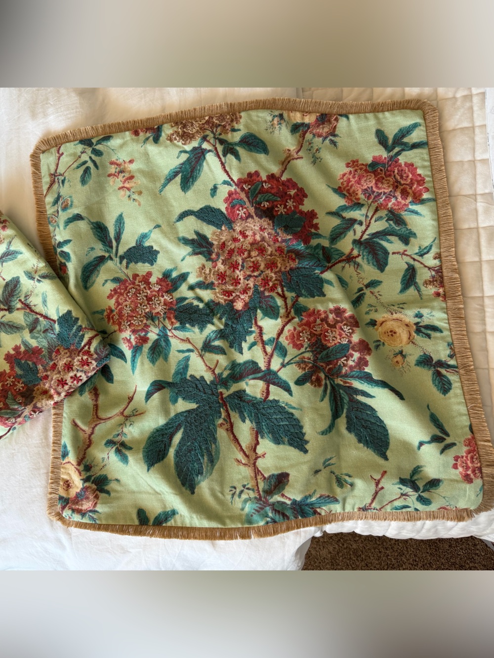 Pottery Barn Floral Fringe Pillow Covers - Mint Green with Teal & Coral, 24x24